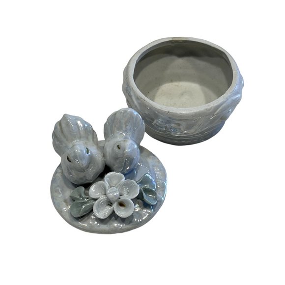 Vintage Trinket Jewelry Box Ceramic Birds and Flowers Iridescent Finish - Picture 6 of 6